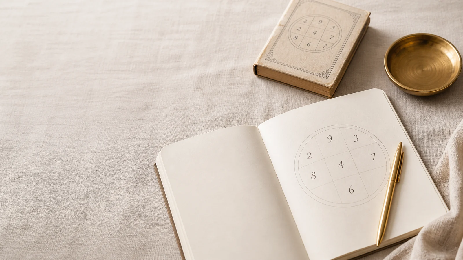 An open notebook with a hand-drawn numerology chart, brass pen and vintage book