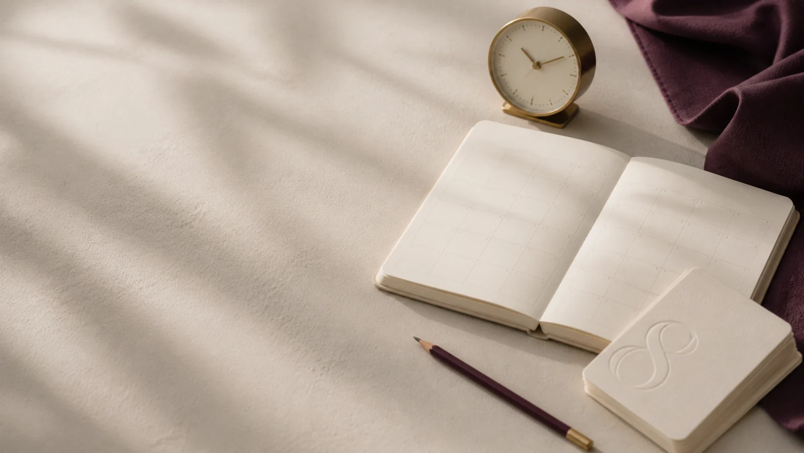 An ivory planner, brass clock and aubergine pencil in soft morning light